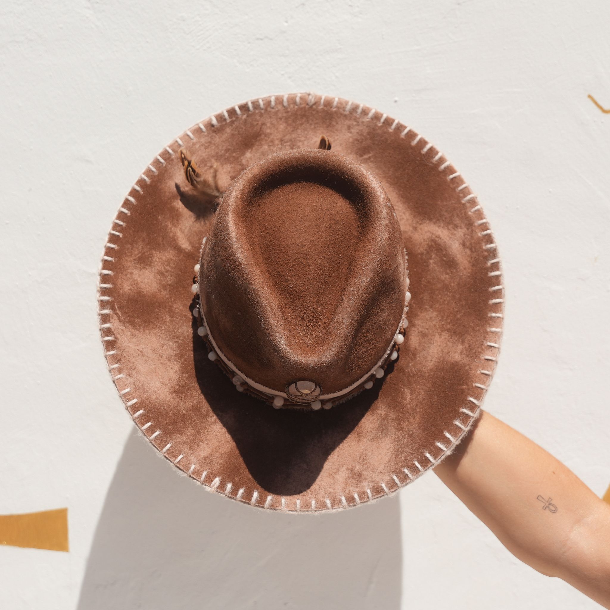 Brown and pink bohemian crystal festival hat with feather detail — Satori Collection Anahata
