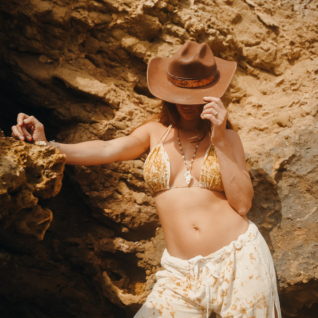 Tanit — cacao Merino wool cowgirl hat with metallic bronze leather band, handmade in England by Satori Collection