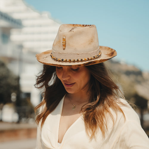 Abundance — Citrine and Tigers Eye crystal beige fedora hat, handmade in England by Satori Collection