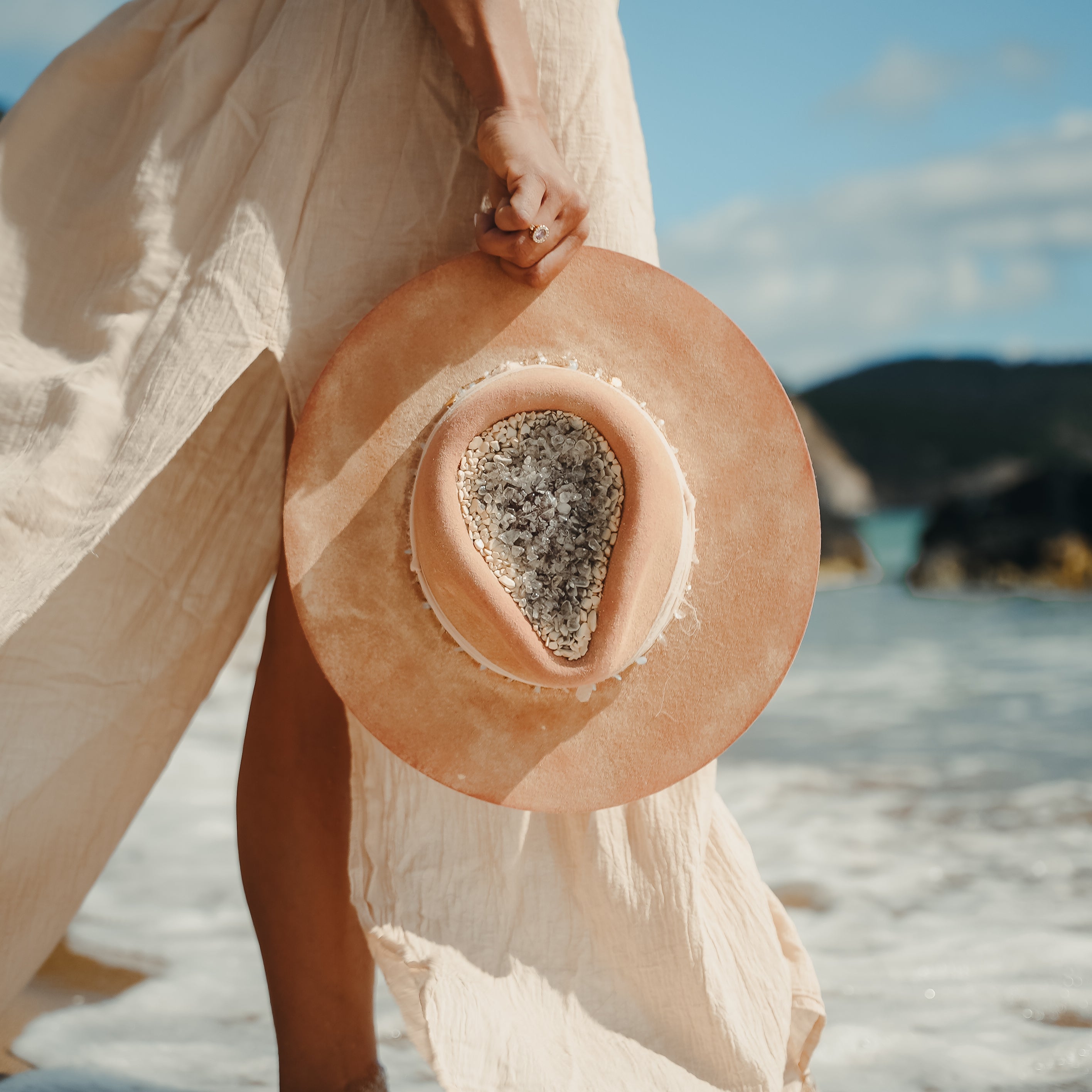 Crystal crown detail on luxury Merino wool felt hat — Satori Collection Heidi Hi