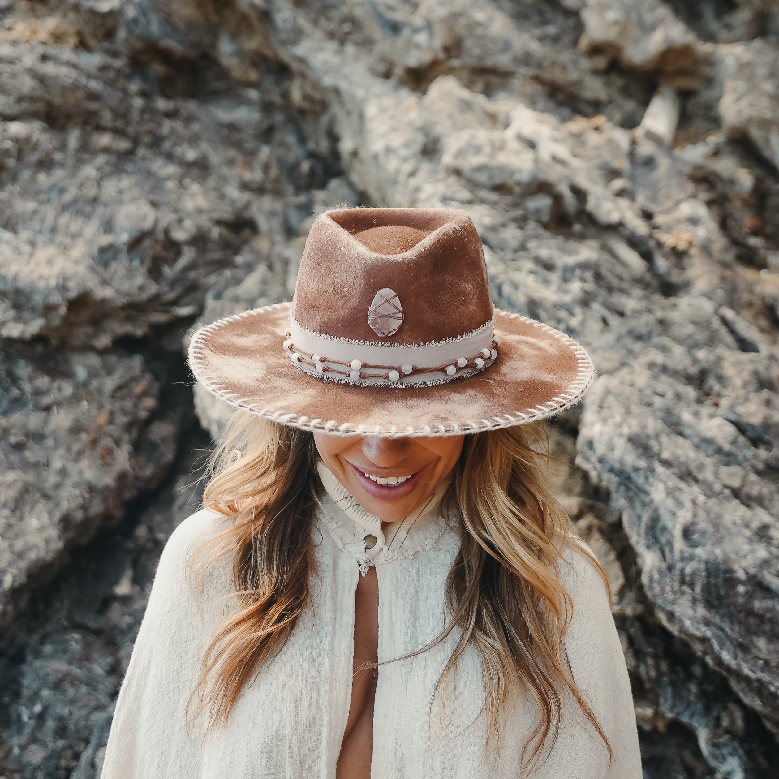 Anahata — Rose Quartz and Opal crystal brown and pink fedora hat, handmade in England by Satori Collection