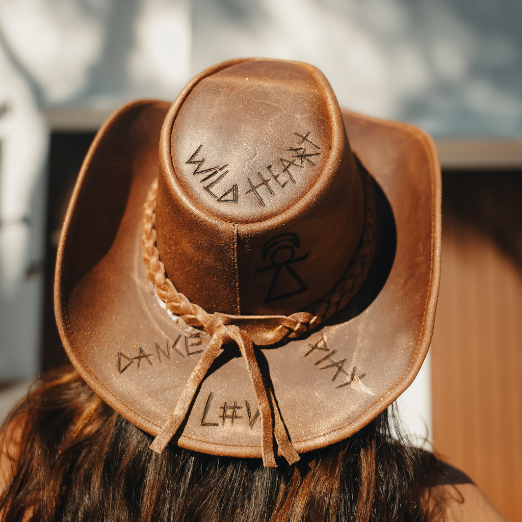 Leather-engraved crown on handcrafted Satori crystal hat — Wild Heart, made in England
