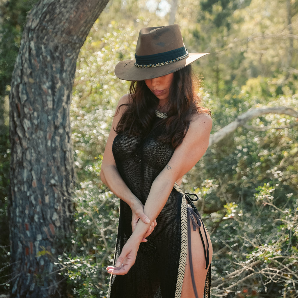 Fire-finished crown on handcrafted dark fedora with crystal bead detail — Satori Collection Untamed
