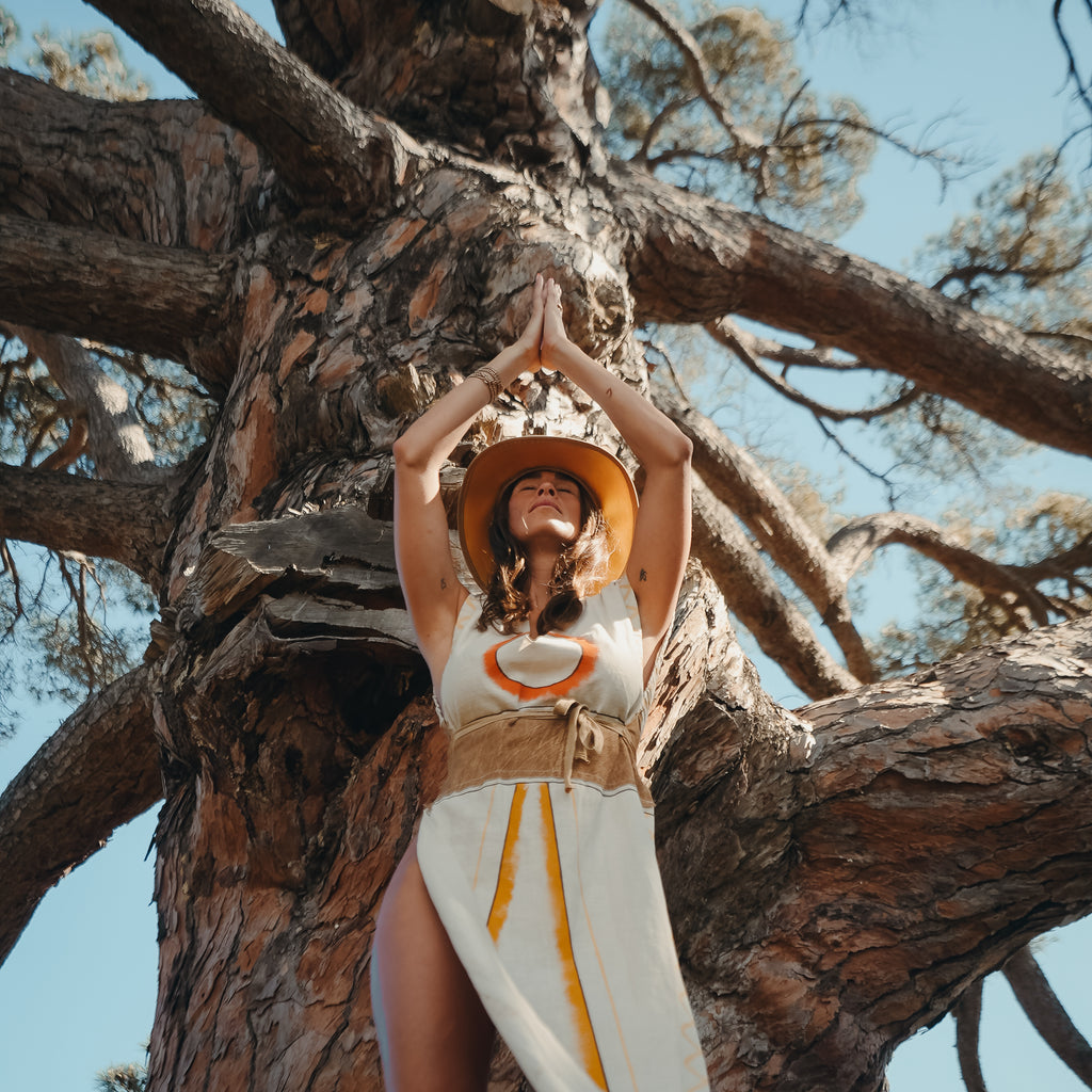 Aya — Tigers Eye crystal beige bohemian hat with gold feather, handmade in England by Satori Collection