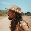 Earth Side — beige pinched fedora with leather band and feather, handmade in England by Satori Collection