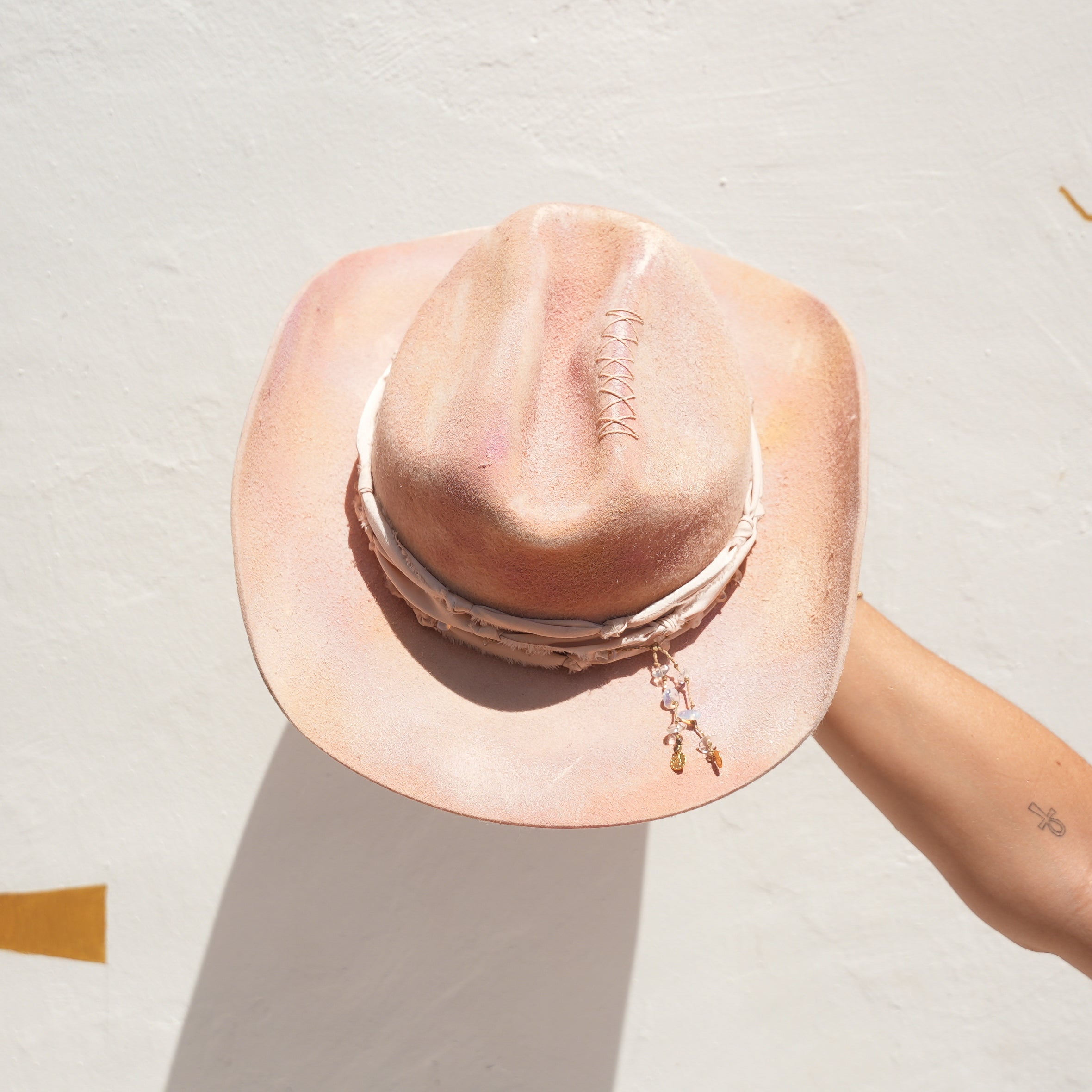 Pink Merino wool crystal cowgirl hat with Lemurian Quartz point and gold pendants — Satori Collection Day Dreamer