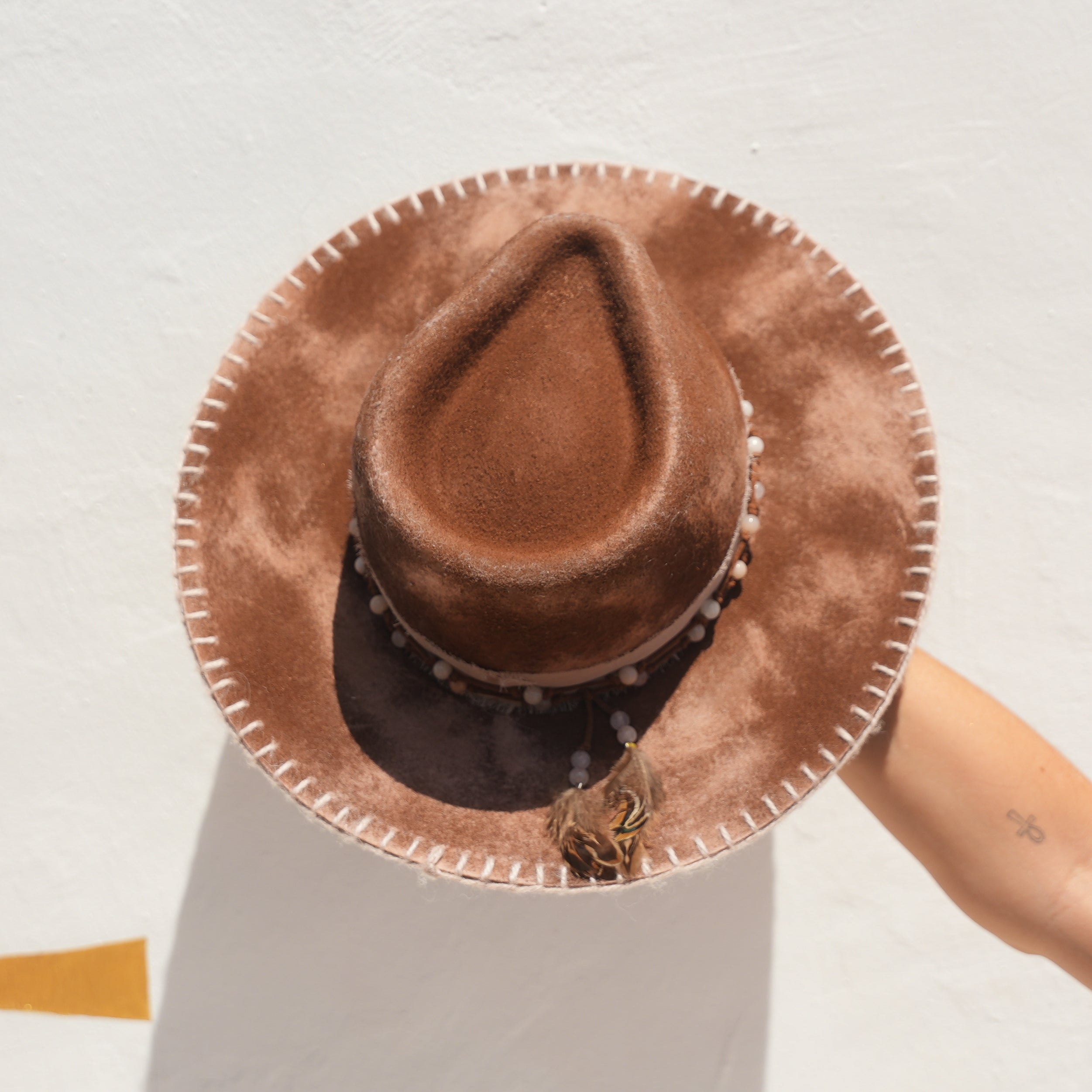 Heart chakra inspired crystal hat with alpaca wool stitching — Satori Collection Anahata