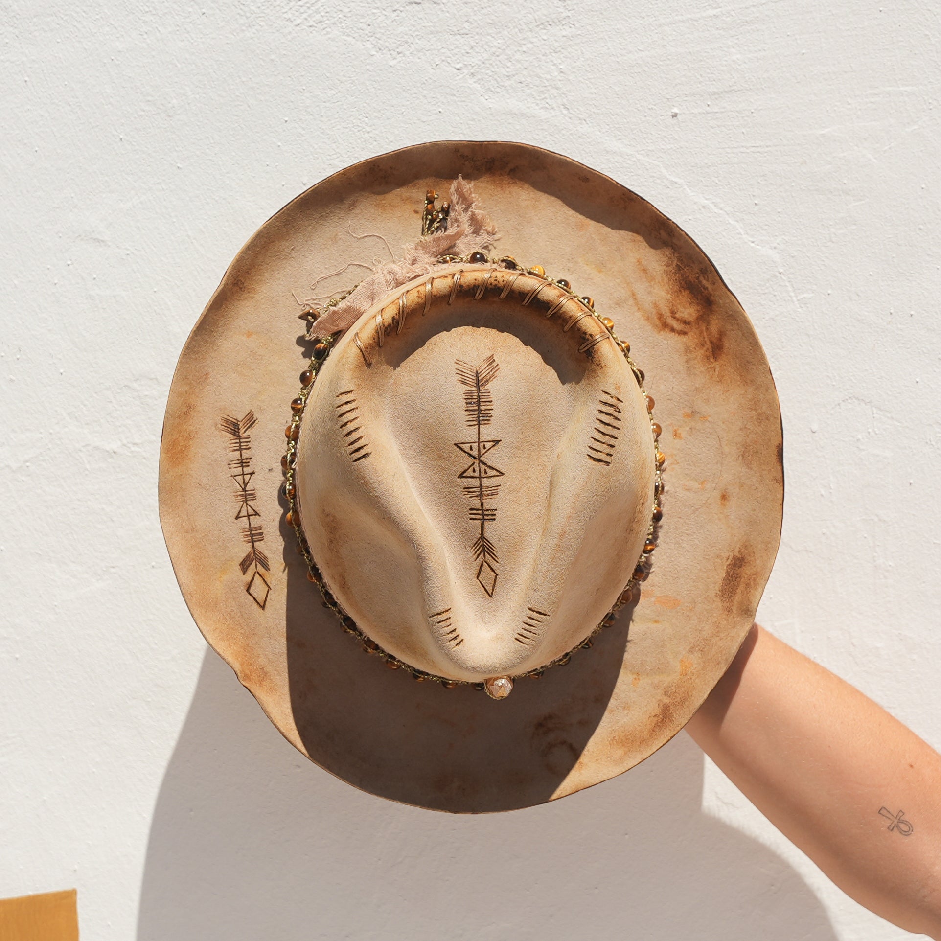 Beige Merino wool crystal fedora hat worn at festival — Satori Collection Abundance