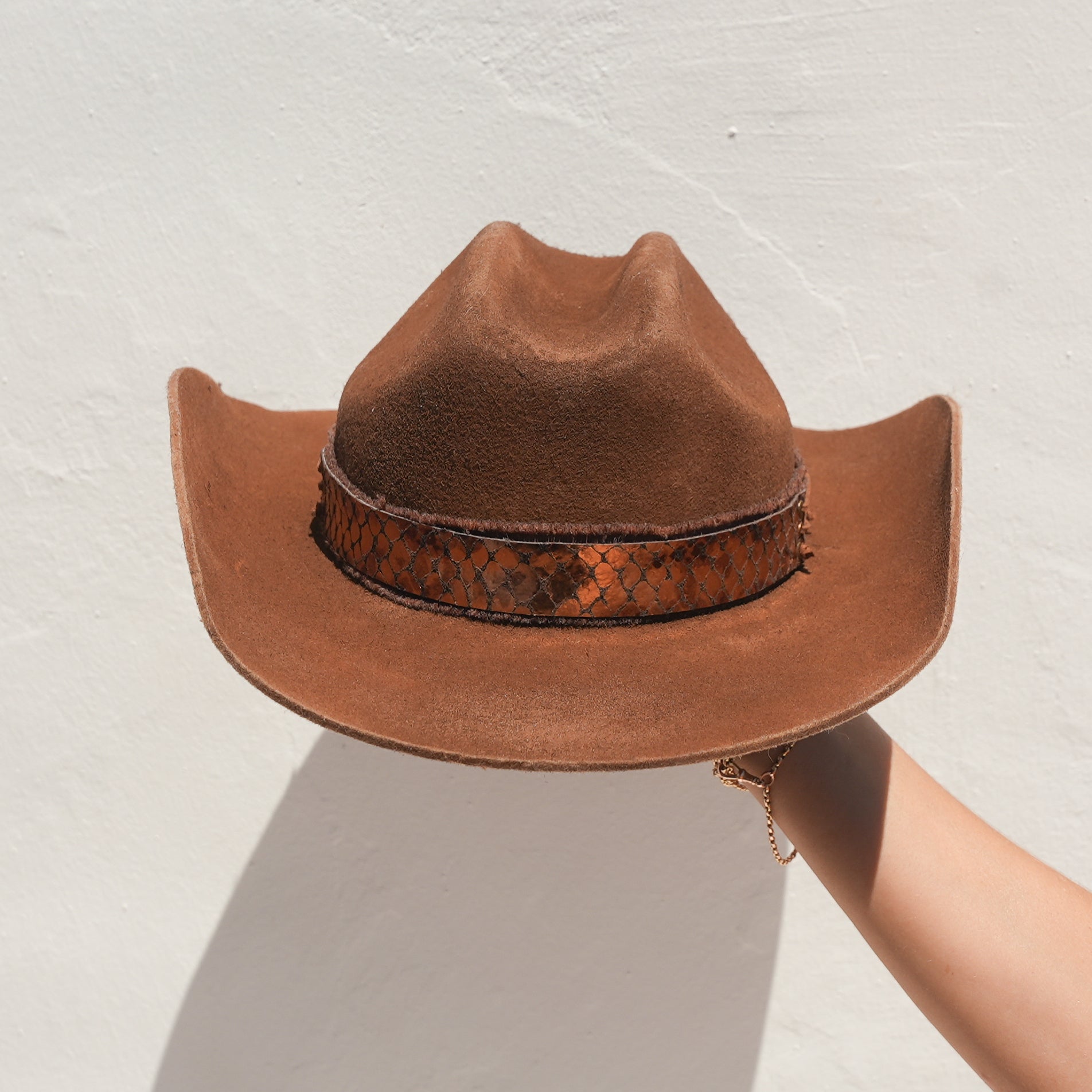 Tanit — cacao Merino wool cowgirl hat with metallic bronze leather band, handmade in England by Satori Collection