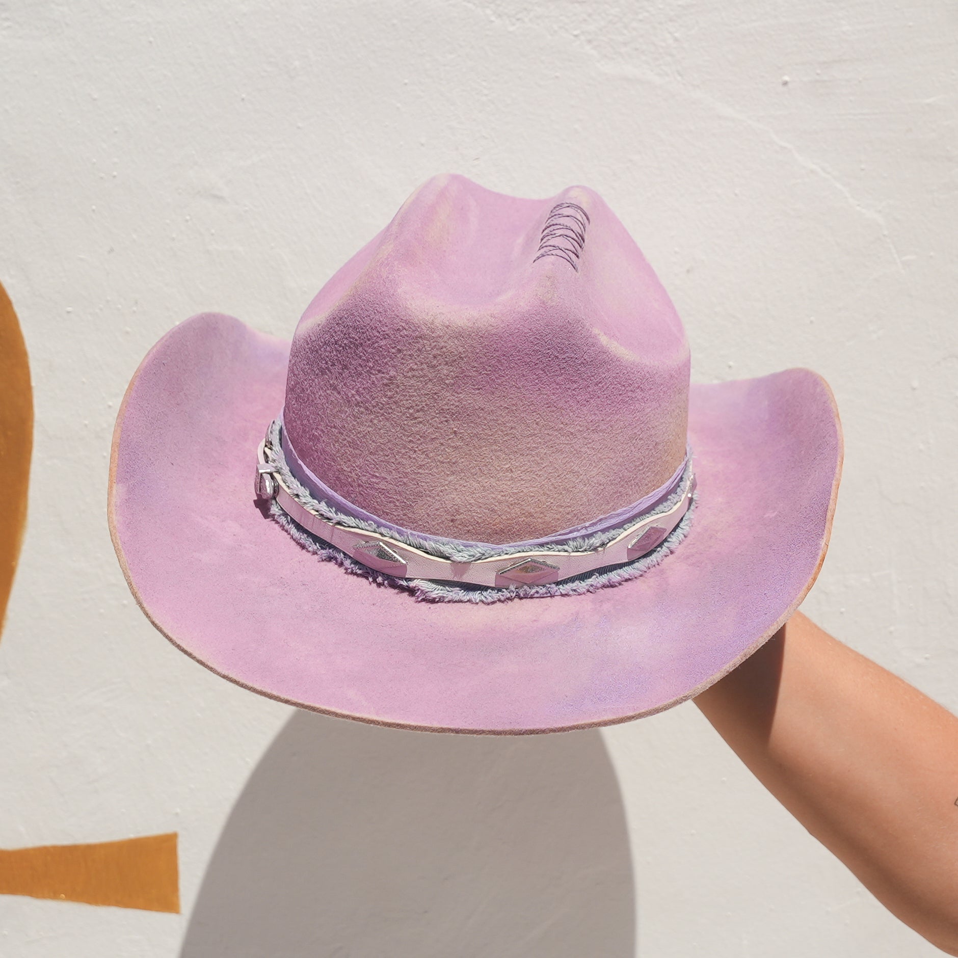 Close-up of detailed head band on Purple Haze felt cowgirl hat — Satori Collection