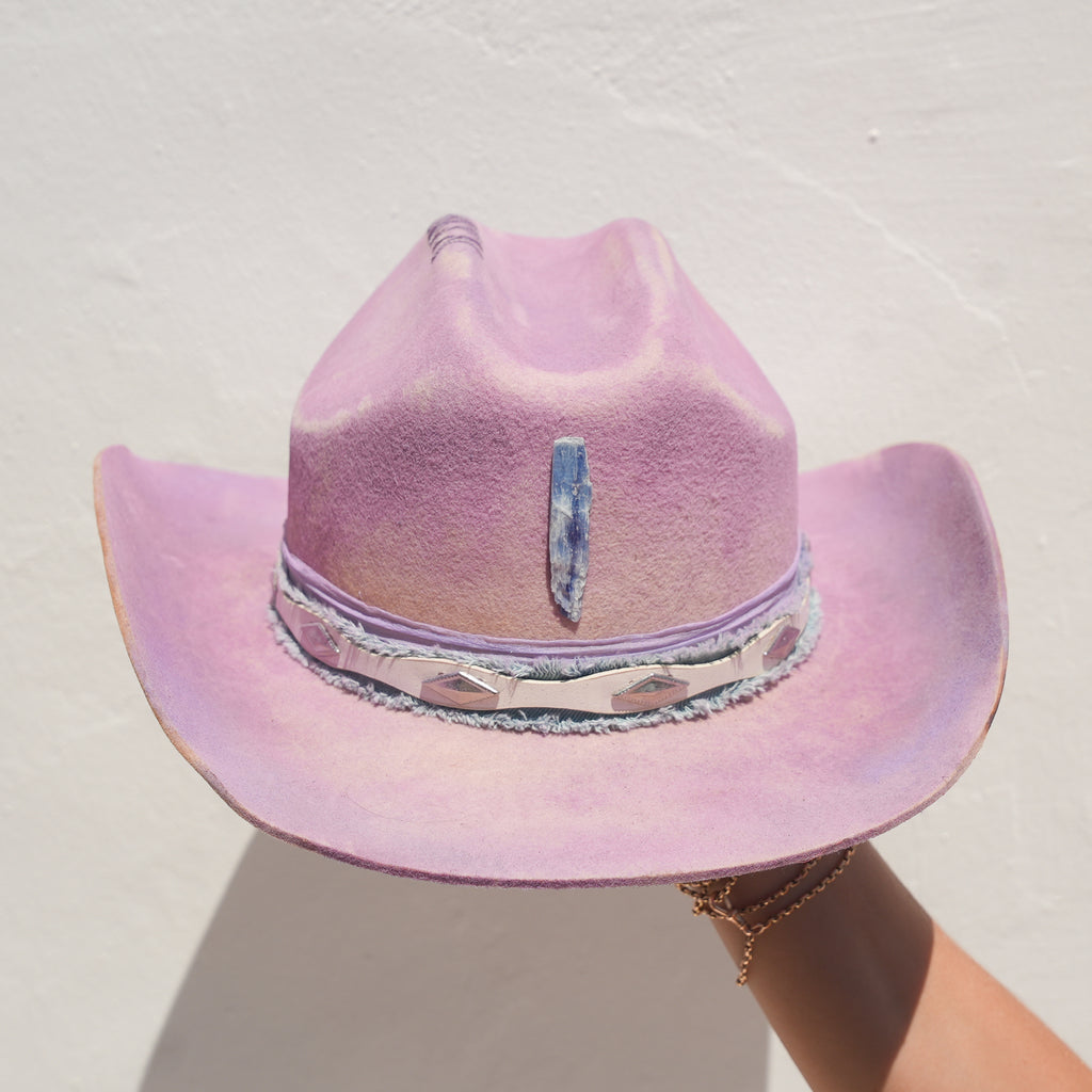 Purple Merino wool felt cowgirl hat with Blue Kyanite crystal — Satori Collection Purple Haze