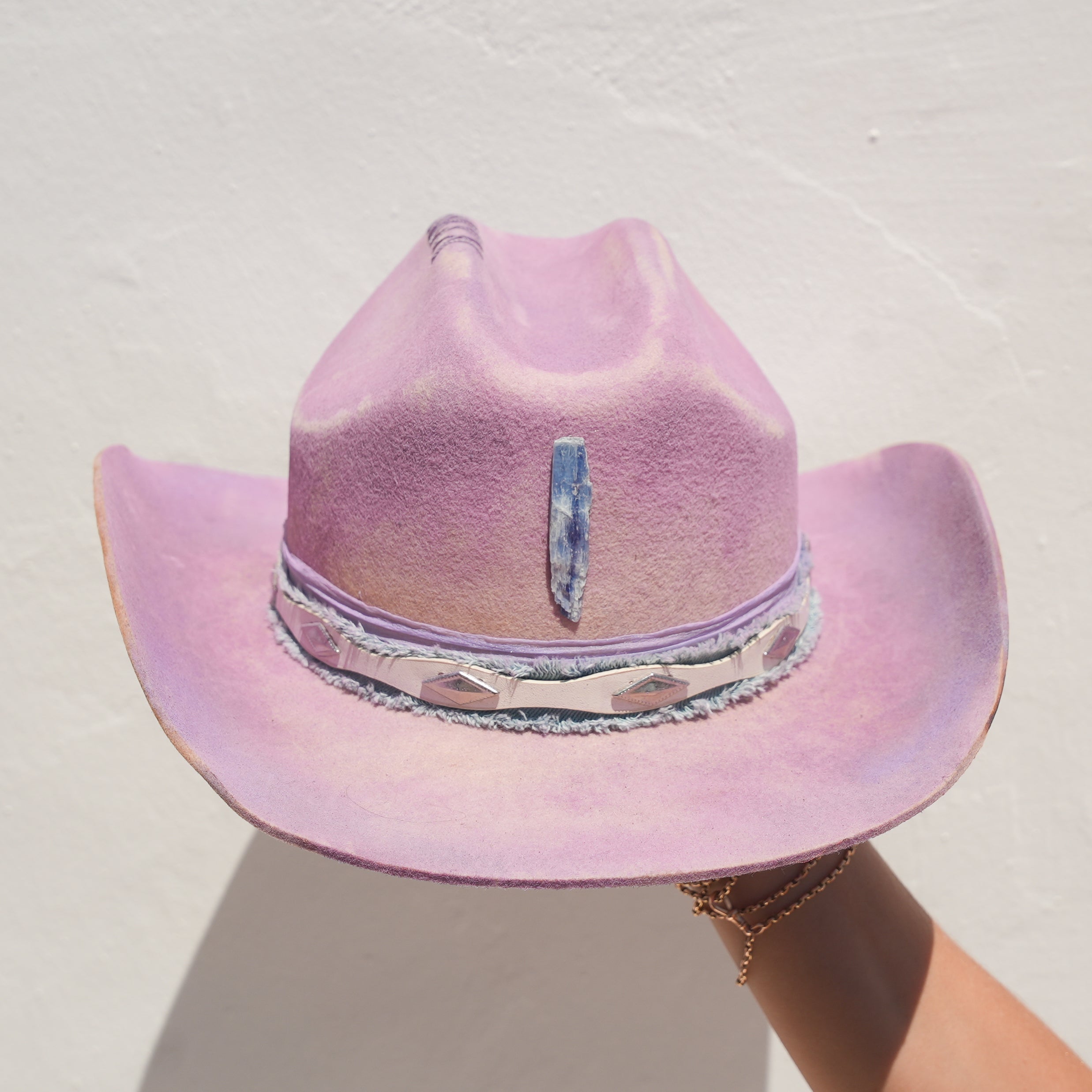 Purple Merino wool felt cowgirl hat with Blue Kyanite crystal — Satori Collection Purple Haze