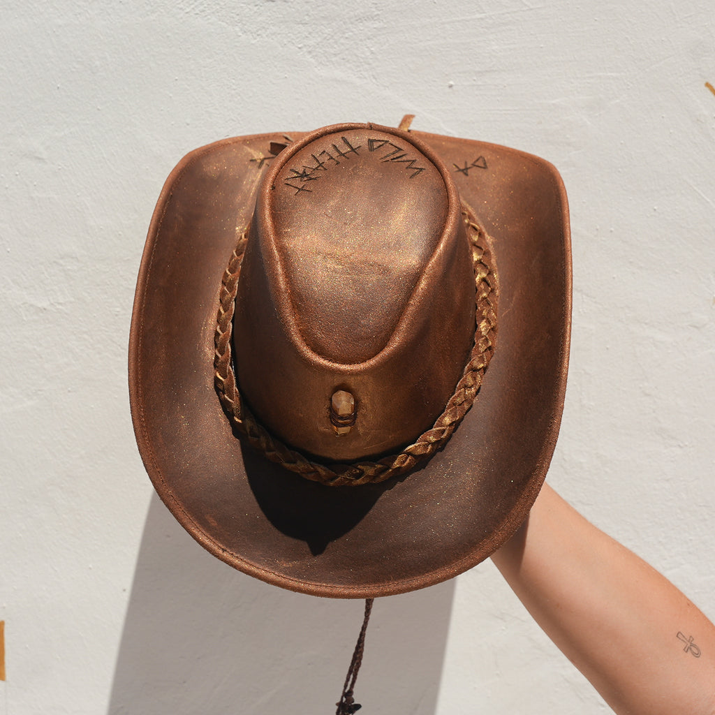 Tigers Eye neck tie detail on handcrafted Merino wool festival hat — Satori Collection Wild Heart