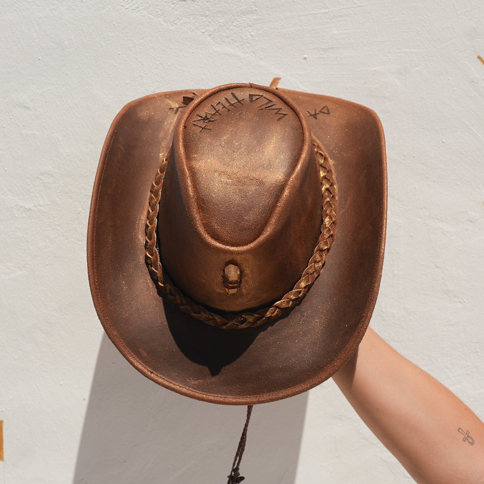 Tigers Eye neck tie detail on handcrafted Merino wool festival hat — Satori Collection Wild Heart