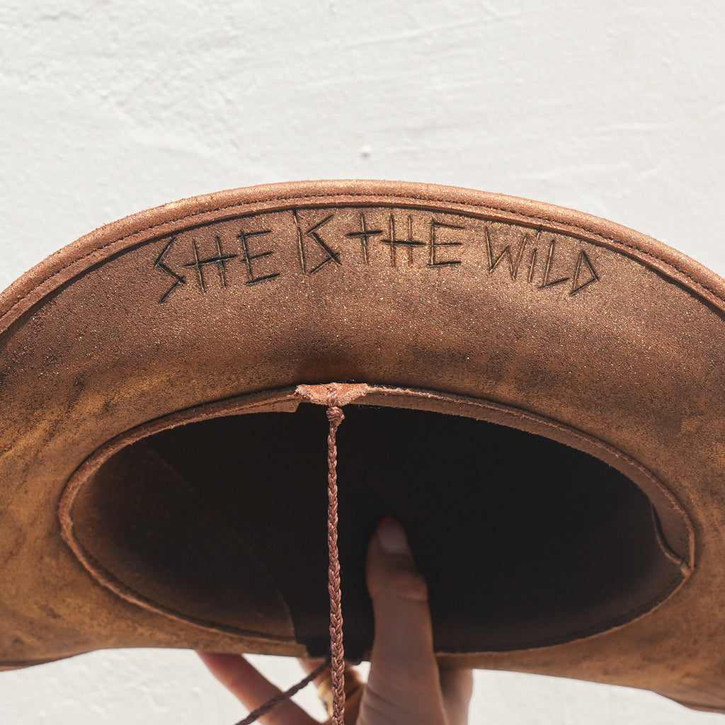 Leather-engraved brim on handcrafted Satori crystal hat — Wild Heart, made in England
