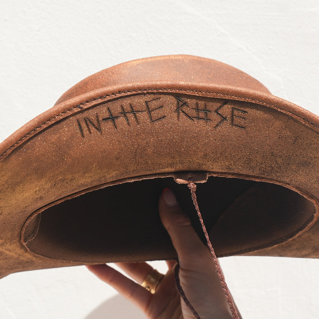 Silk lining and vegetable-dyed leather sweatband inside handcrafted Satori Wild Heart hat