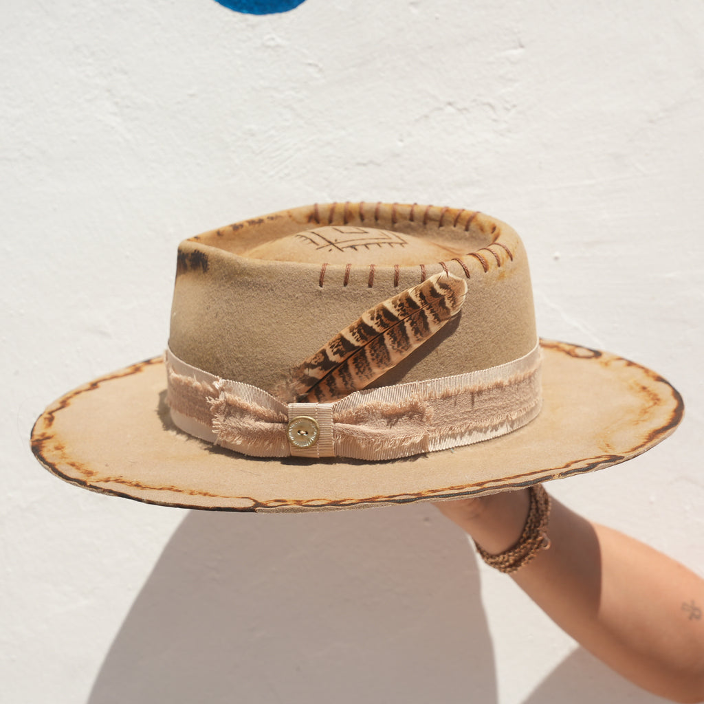 Beige Merino wool pinched fedora hat with engraved crown and feather detail — Satori Collection Earth Side