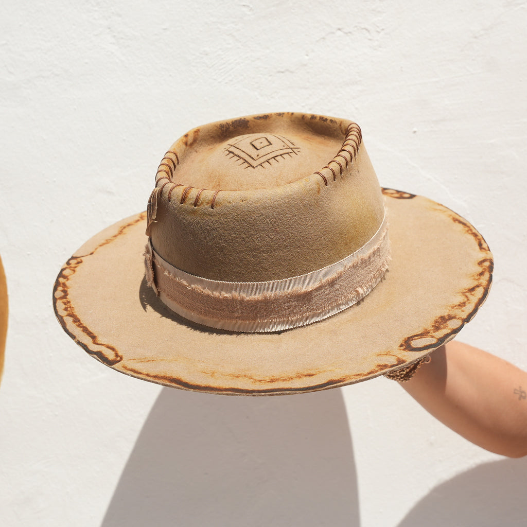 Earthy boho fedora hat with fabric trim — Satori Collection Earth Side