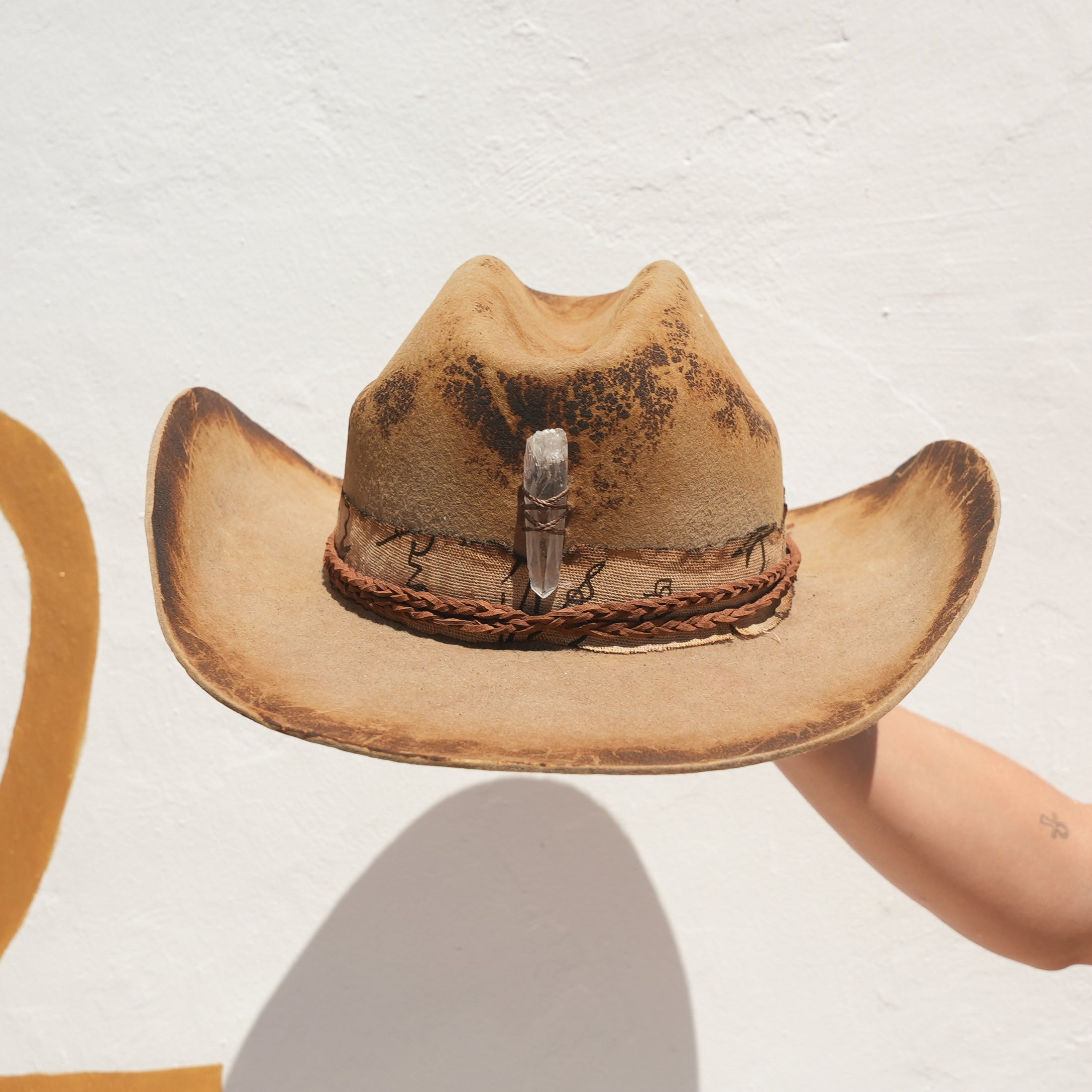 Beige Merino wool cowboy hat with Lemurian Quartz crystal point — Satori Collection Outlaw