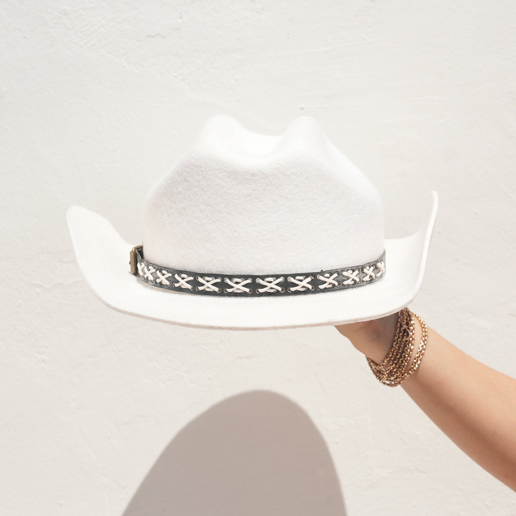 Clean white cowboy hat with contrast woven band and silk lining — Satori Collection Sienna Rose