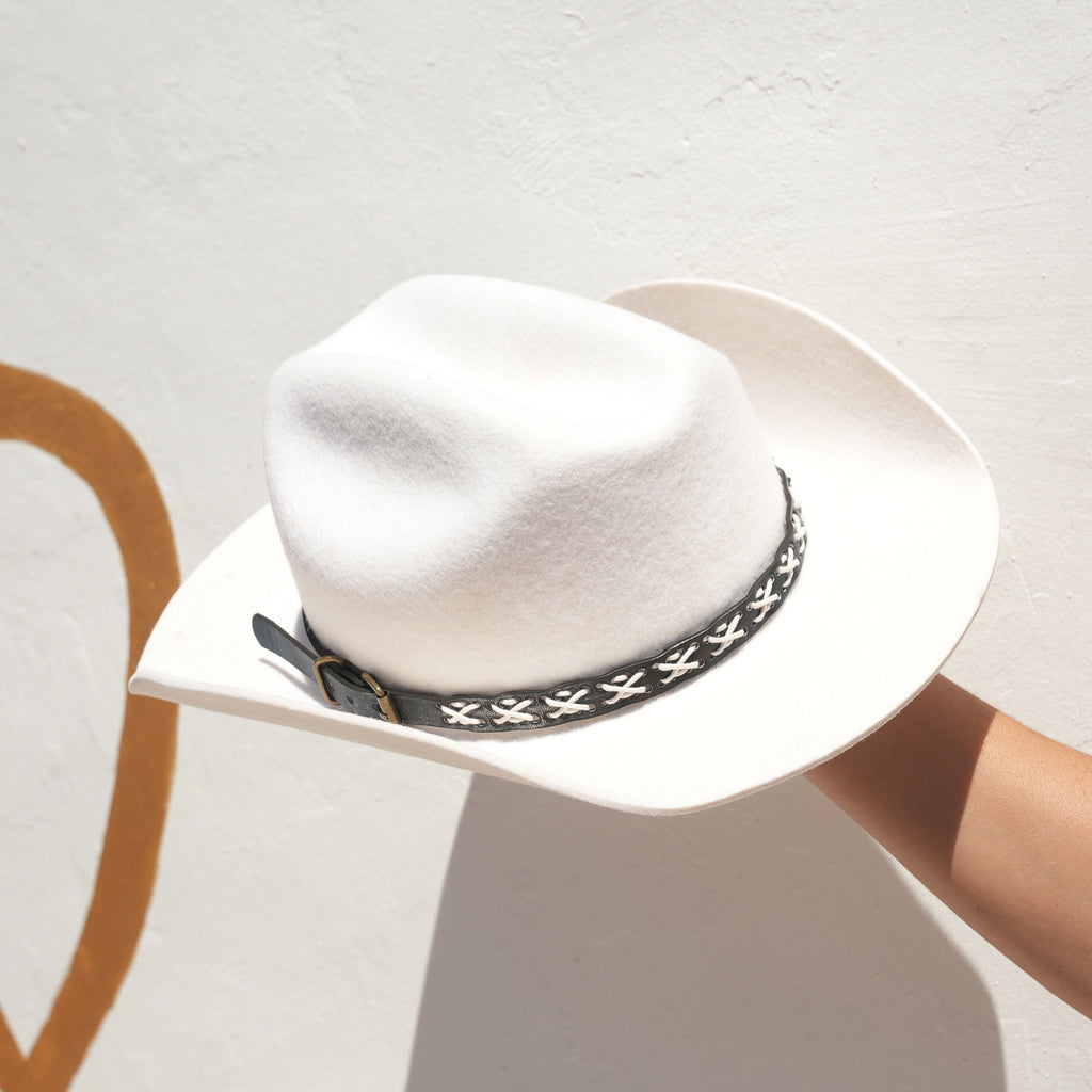 Clean white cowboy hat with contrast woven band and silk lining — Satori Collection Sienna Rose