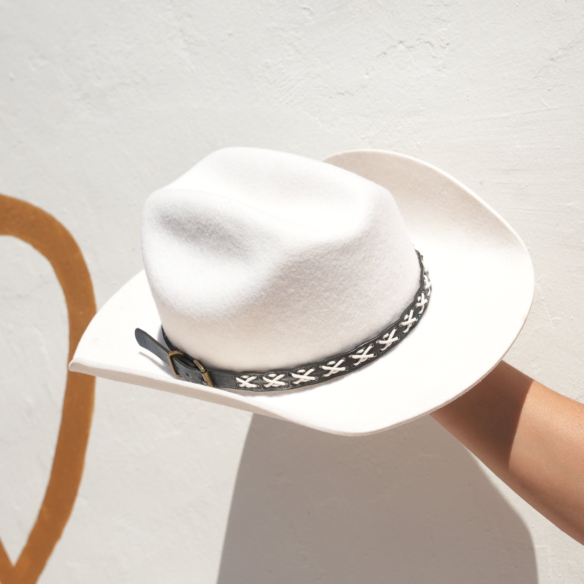 Clean white cowboy hat with contrast woven band and silk lining — Satori Collection Sienna Rose