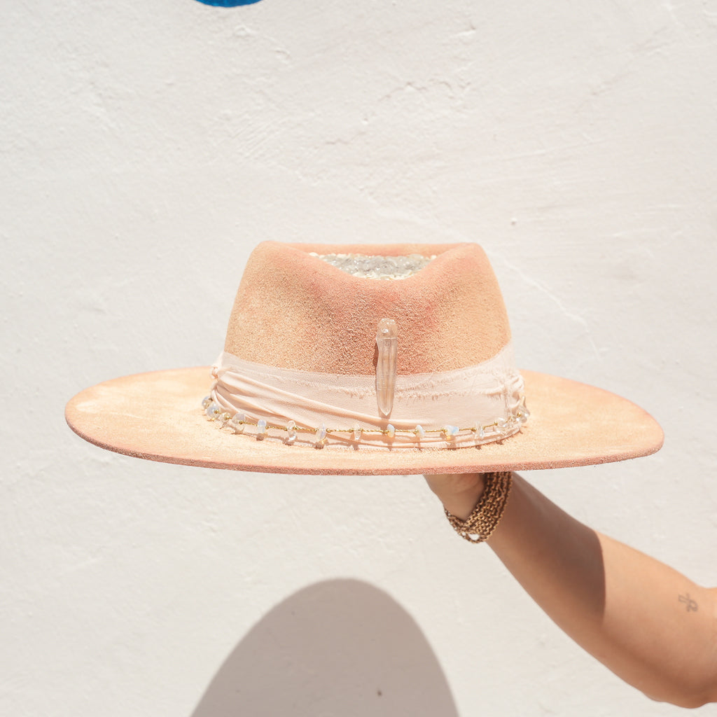 Lemurian Quartz point and Opalite beaded rope detail on handcrafted Satori hat — Heidi Hi