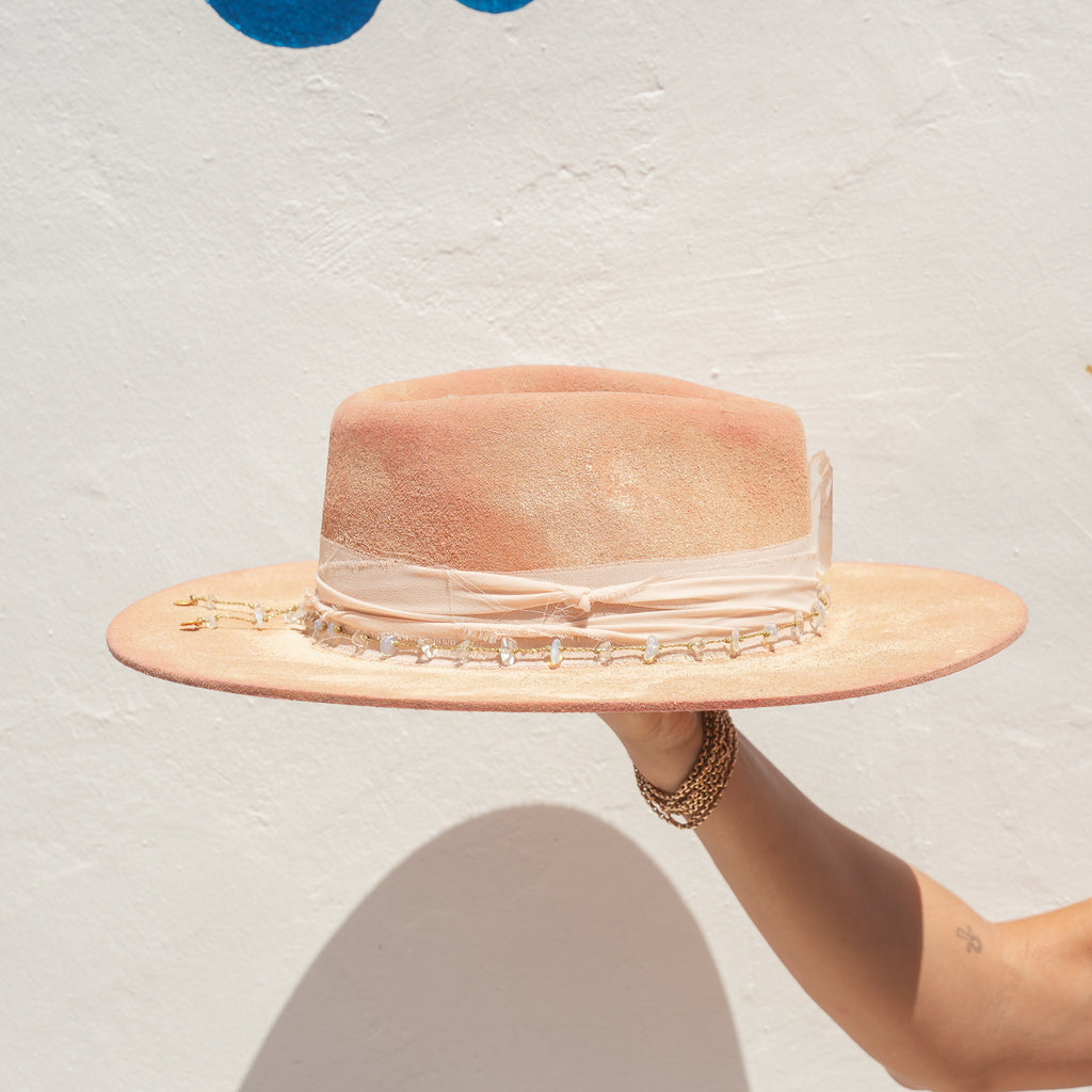 Premium crystal fedora hat with Clear Quartz crown and macrame detail — Satori Collection Heidi Hi