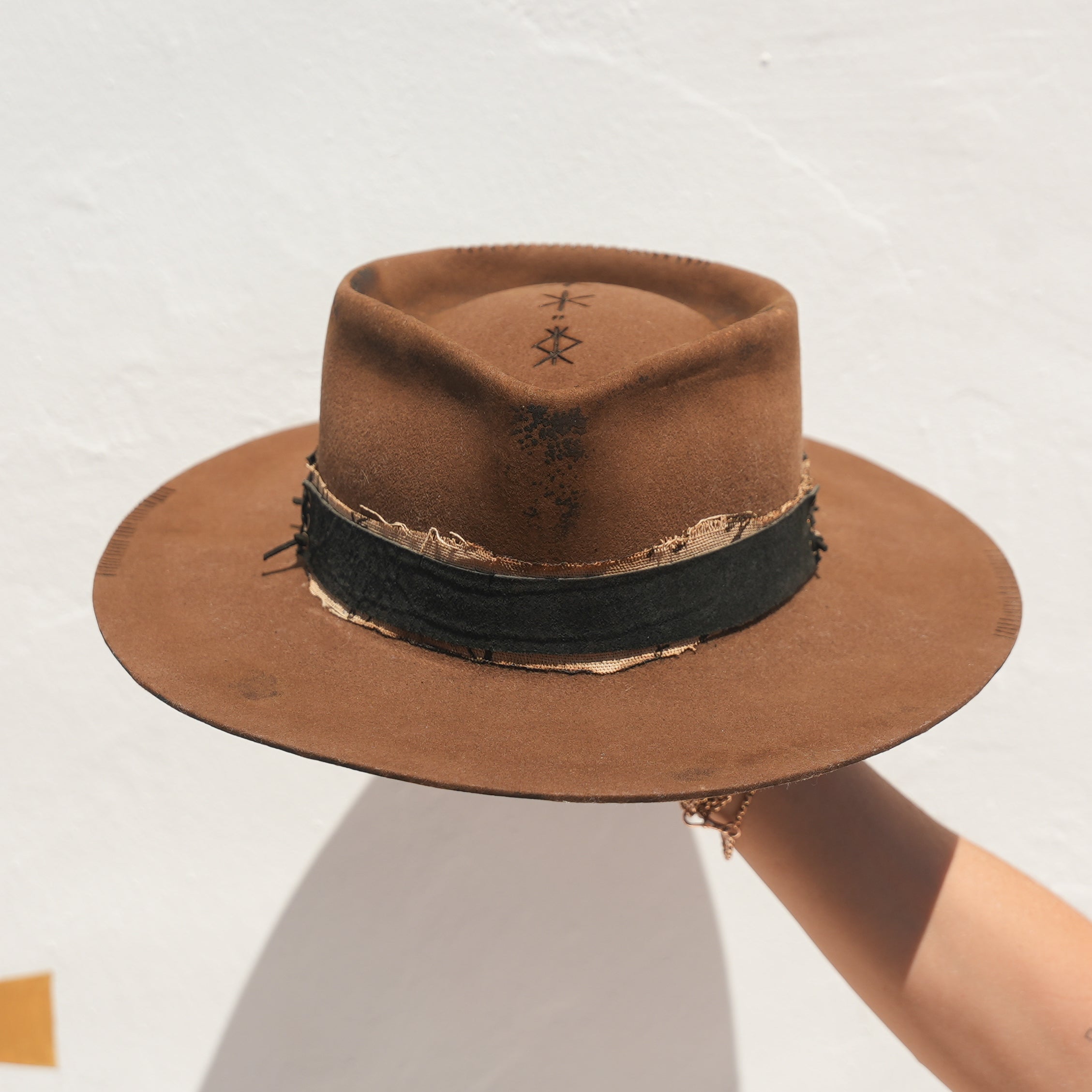 Black suede belt detail on handcrafted khaki Merino wool pinched fedora — Satori Collection