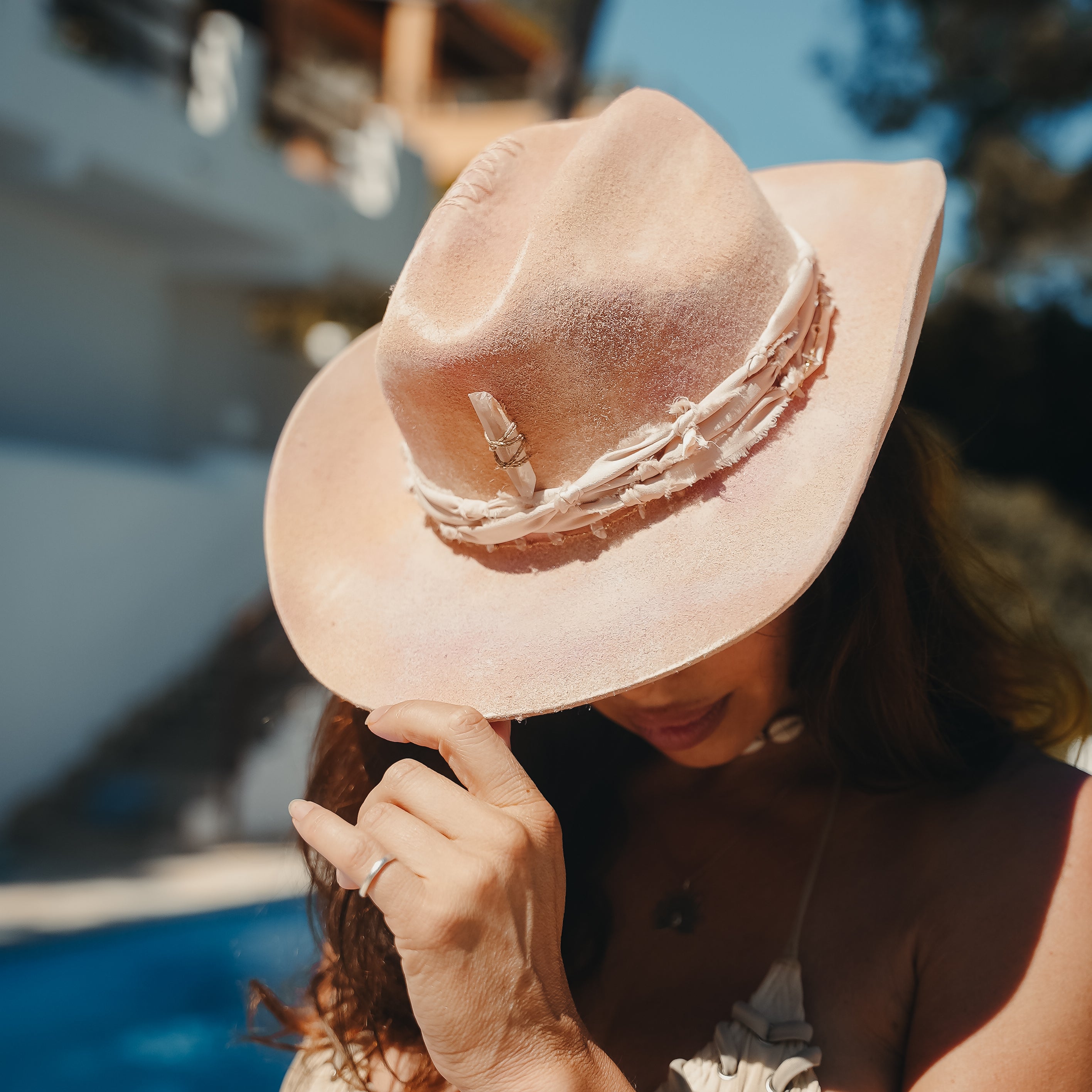 Pink crystal cowboy hat with gold pendant details — Satori Collection Day Dreamer